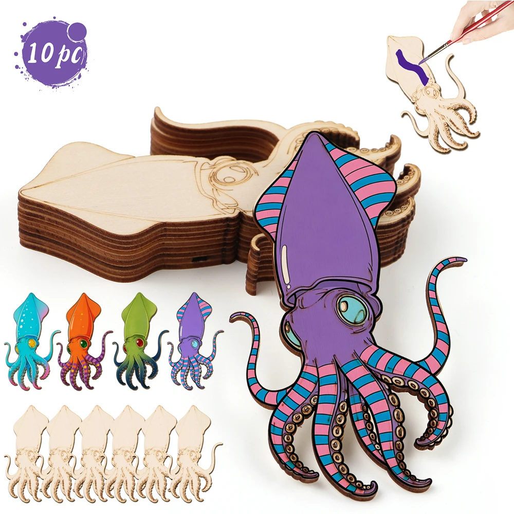 Art & Craft Kids Salon - 10pcs/set Unfinished Wood Craft Octopus Animal