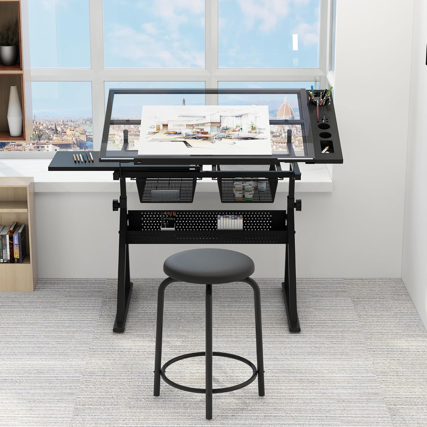 Art & Craft Kids Salon - Table w/Stool, Height Adjustable Drawing Table,